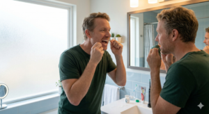 a man in fornt of the mirror cleaning his teeth for a Daily Routine for a Healthy Smile