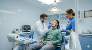 a young man in a dental clinic receiving a gum disease treatmen